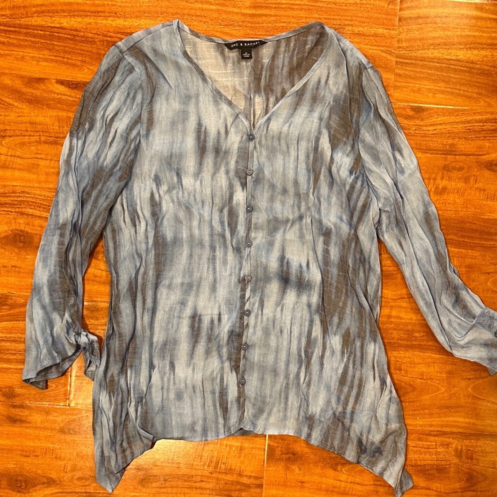 Zac & Rachel Women's Top Blouse Blue Tye Dye Vneck Button Down Peasant Flowy M